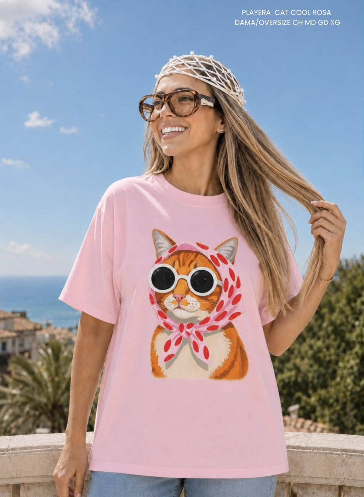 PLAYERA CAT COOL ROSA