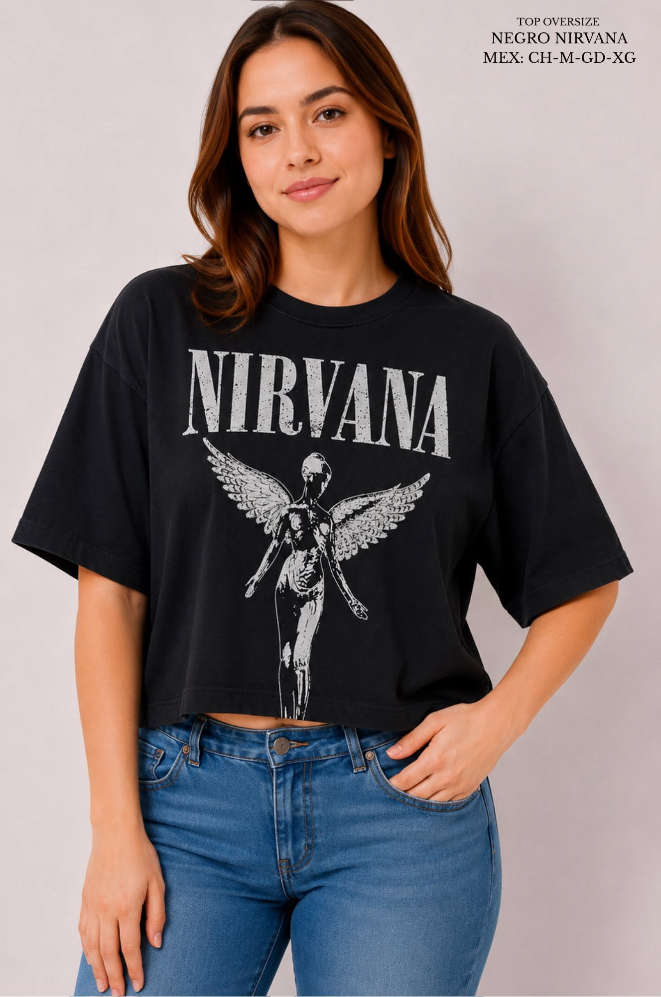 PLAYERA CROP OVER NEGRO NIRVANA