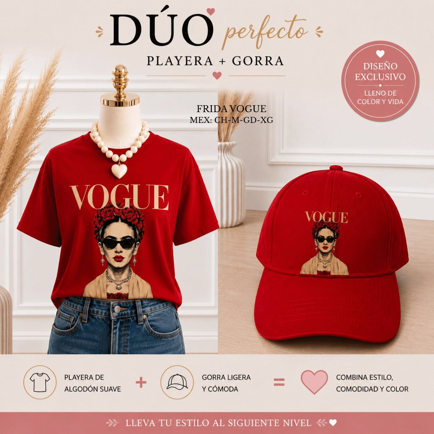 DUO FRIDA VOGUE ROJO (PLAYERA+GORRA)