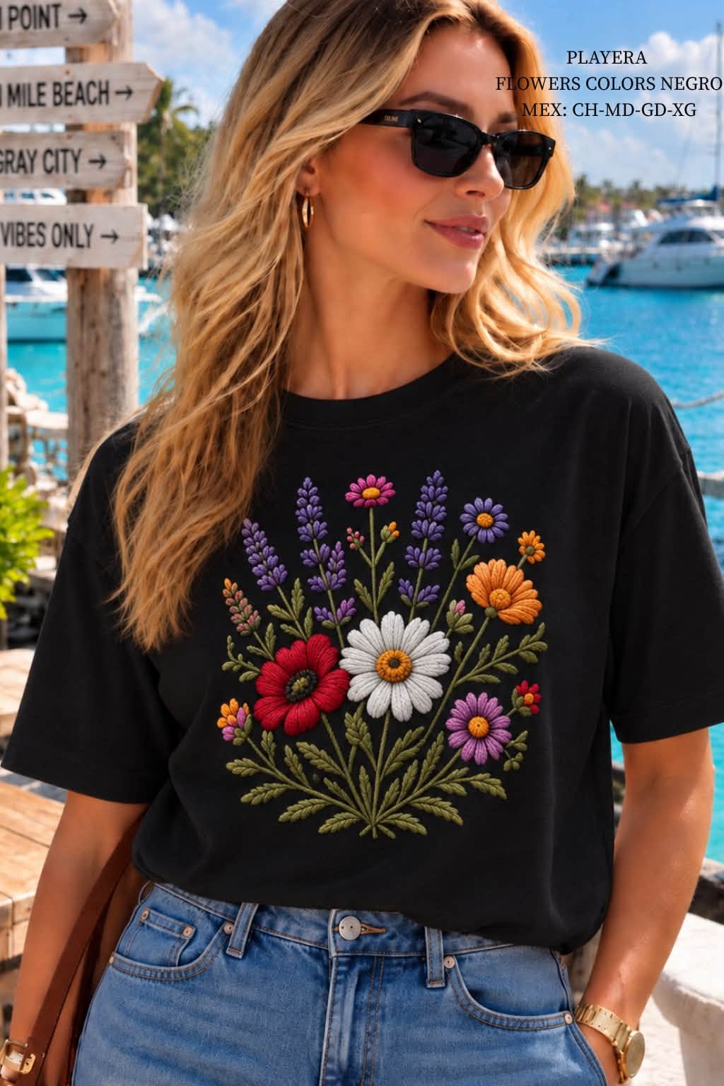 PLAYERA FLOWERS COLORS NEGRO