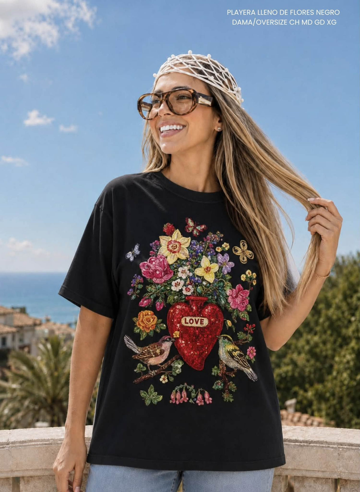 PLAYERA LLENO DE FLORES NEGRO