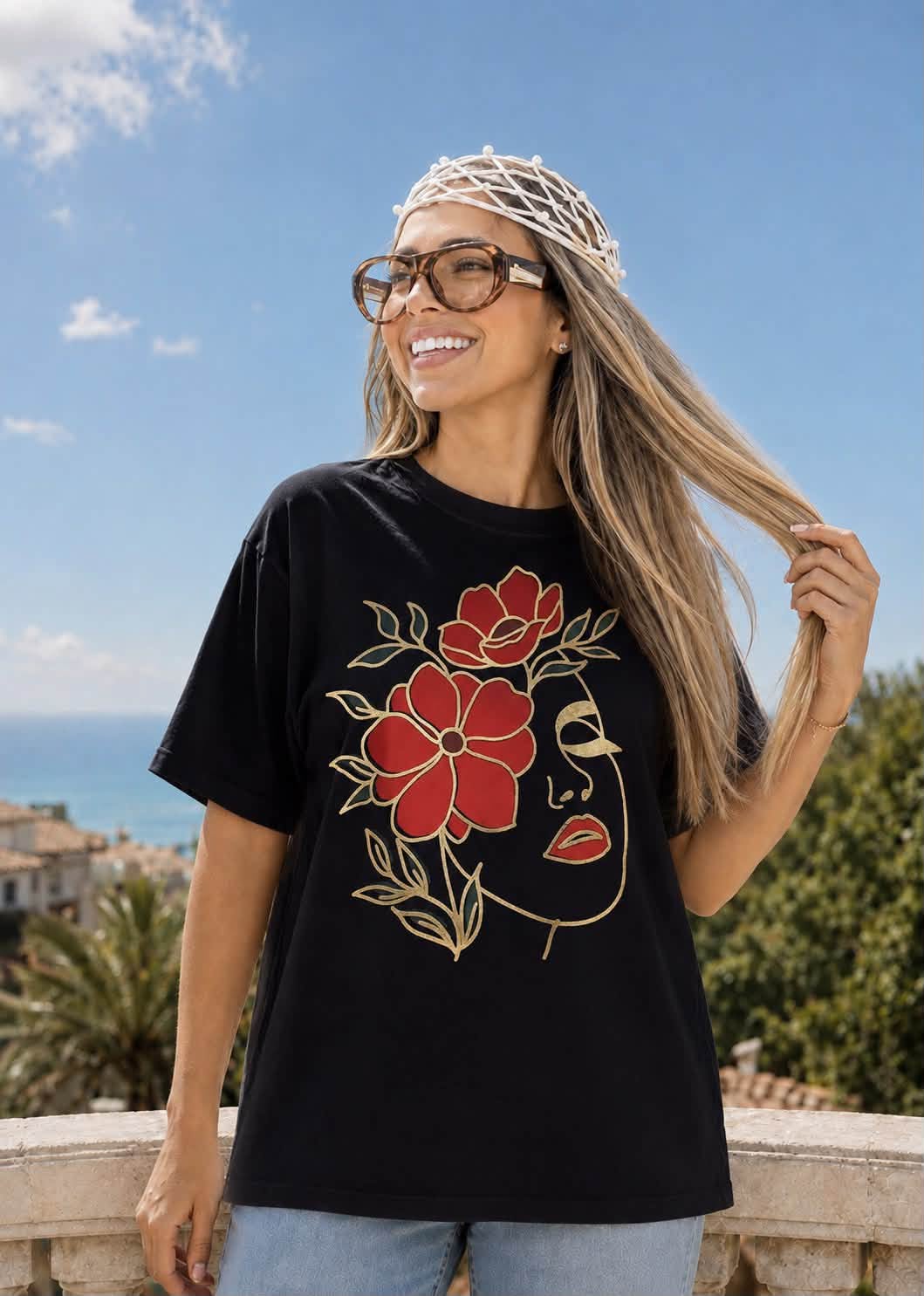 PLAYERA FLORES NEGRO