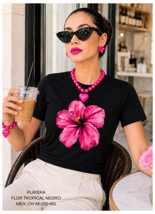 PLAYERA FLOR TROPICAL NEGRO