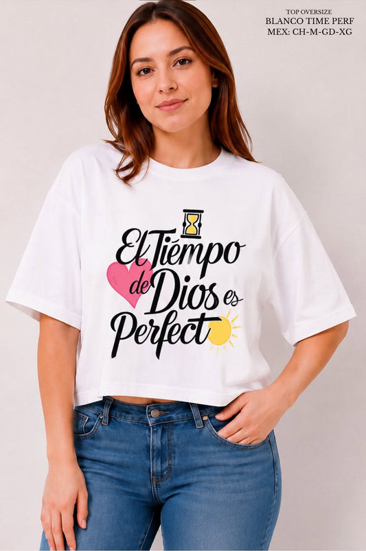 PLAYERA CROP OVER BLANCO TIME PERF