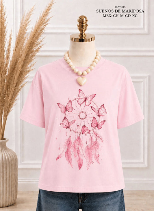 PLAYERA SUEÑOS DE MARIPOSA ROSA