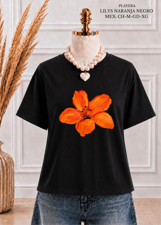 PLAYERA LILYS NARANJA NEGRO