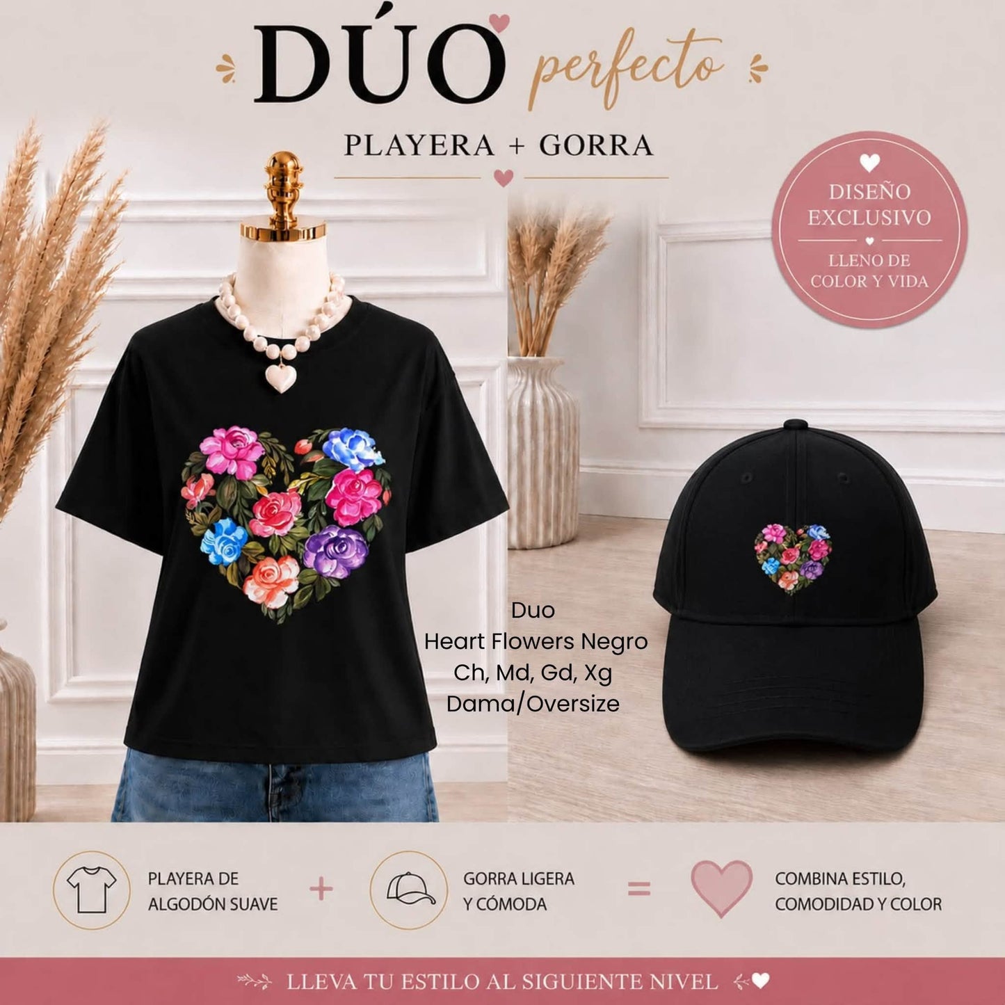 DUO HEART FLOWERS NEGRO