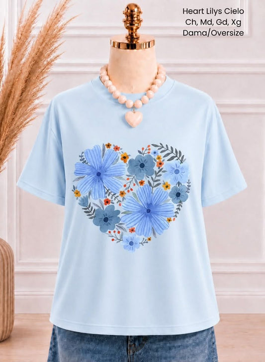 PLAYERA HEART LILYS CIELO
