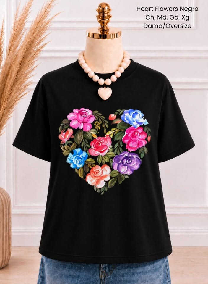 PLAYERA HEART FLOWERS NEGRO