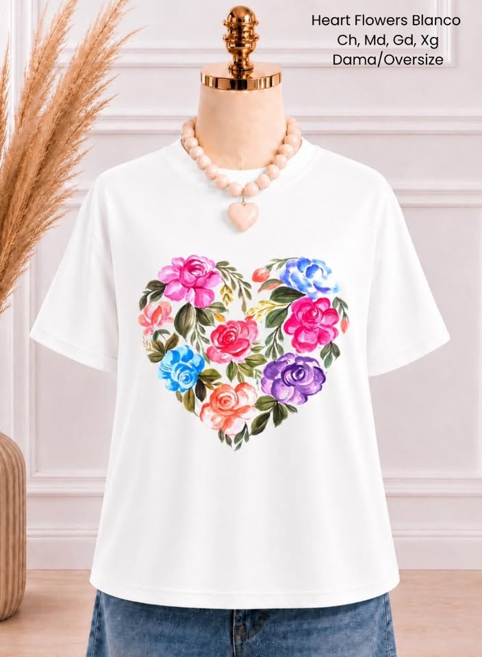 PLAYERA HEART FLOWERS BLANCO