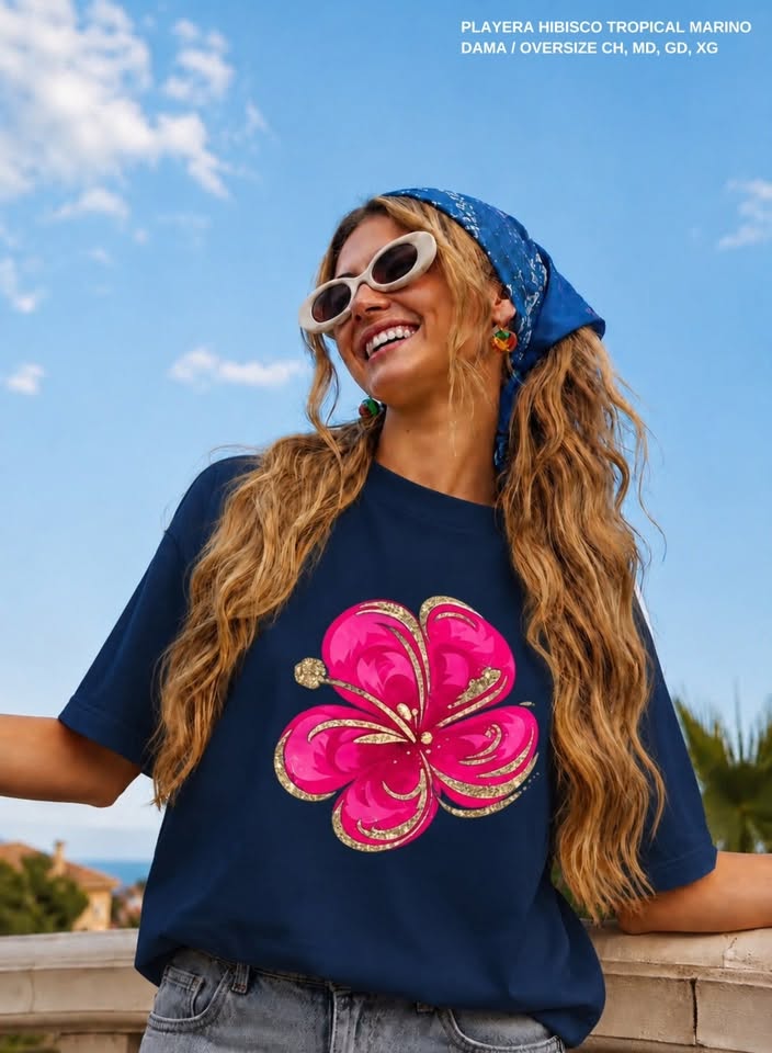 PLAYERA HIBISCO TROPICAL MARINO