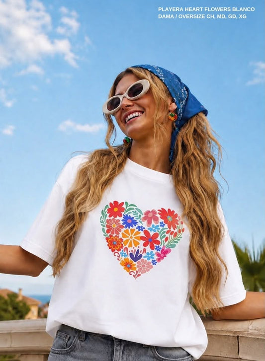 PLAYERA HEART FLOWERS BLANCO