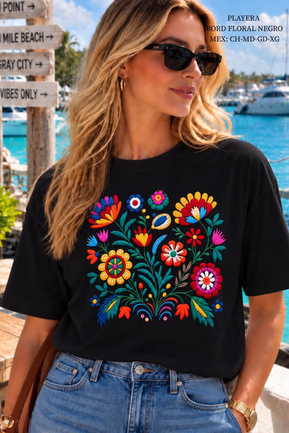 PLAYERA BORD FLORAL NEGRO