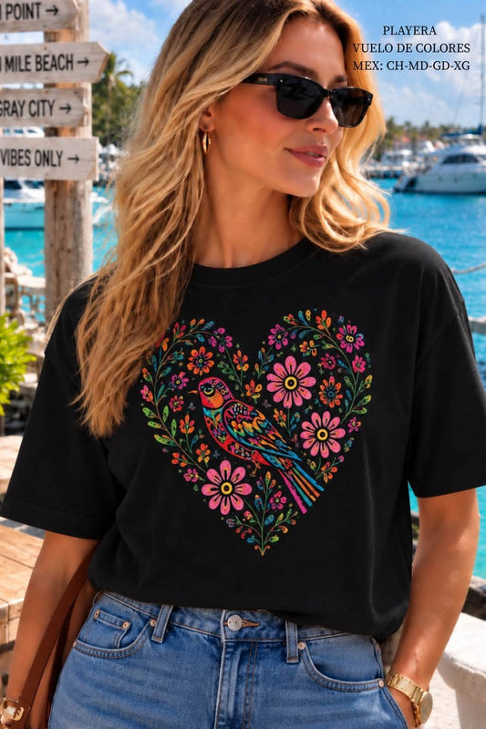 PLAYERA VUELO DE COLORES NEGRO