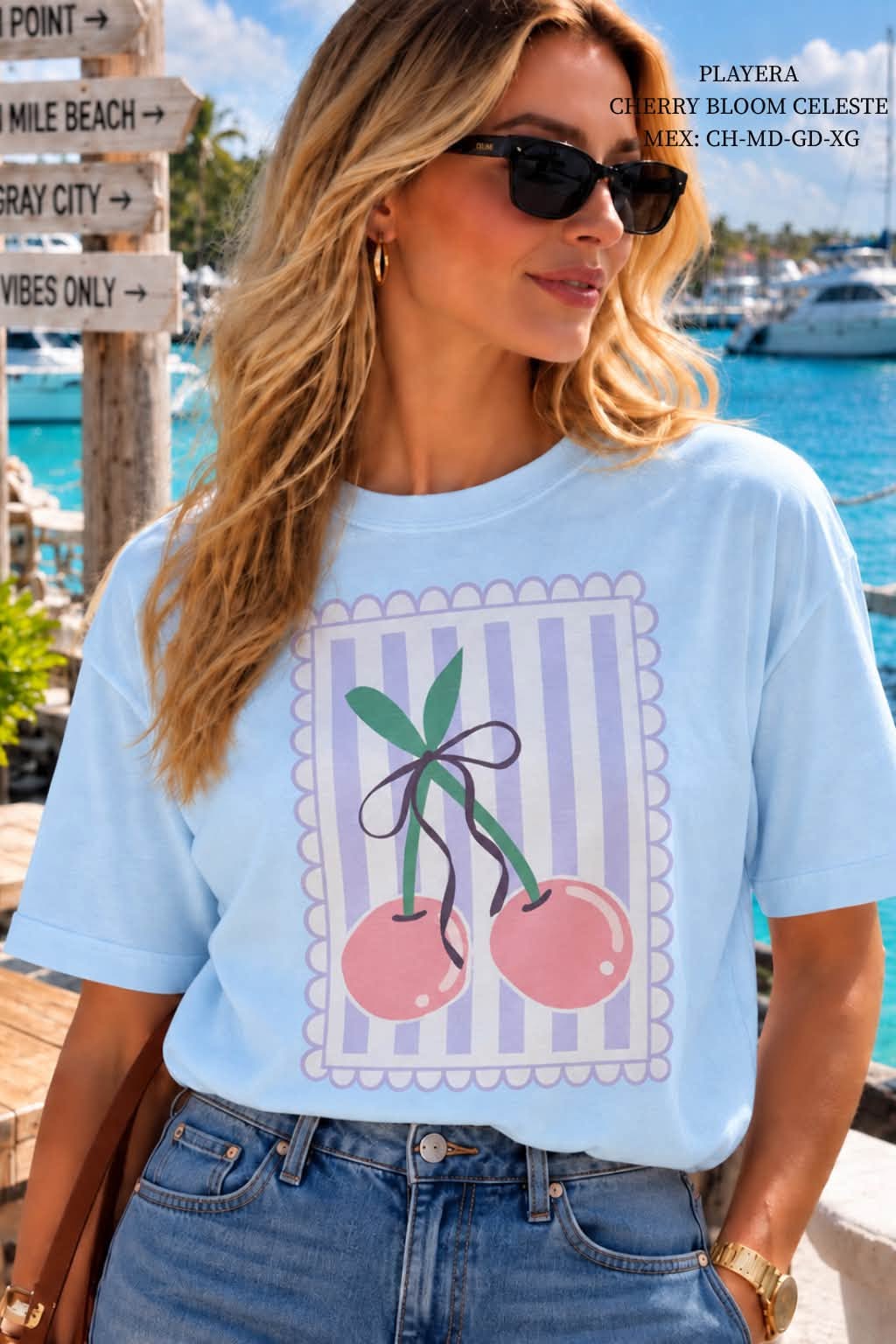 PLAYERA CHERRY BLOOM CELESTE