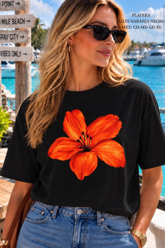 PLAYERA LILYS NARANJA NEGRO