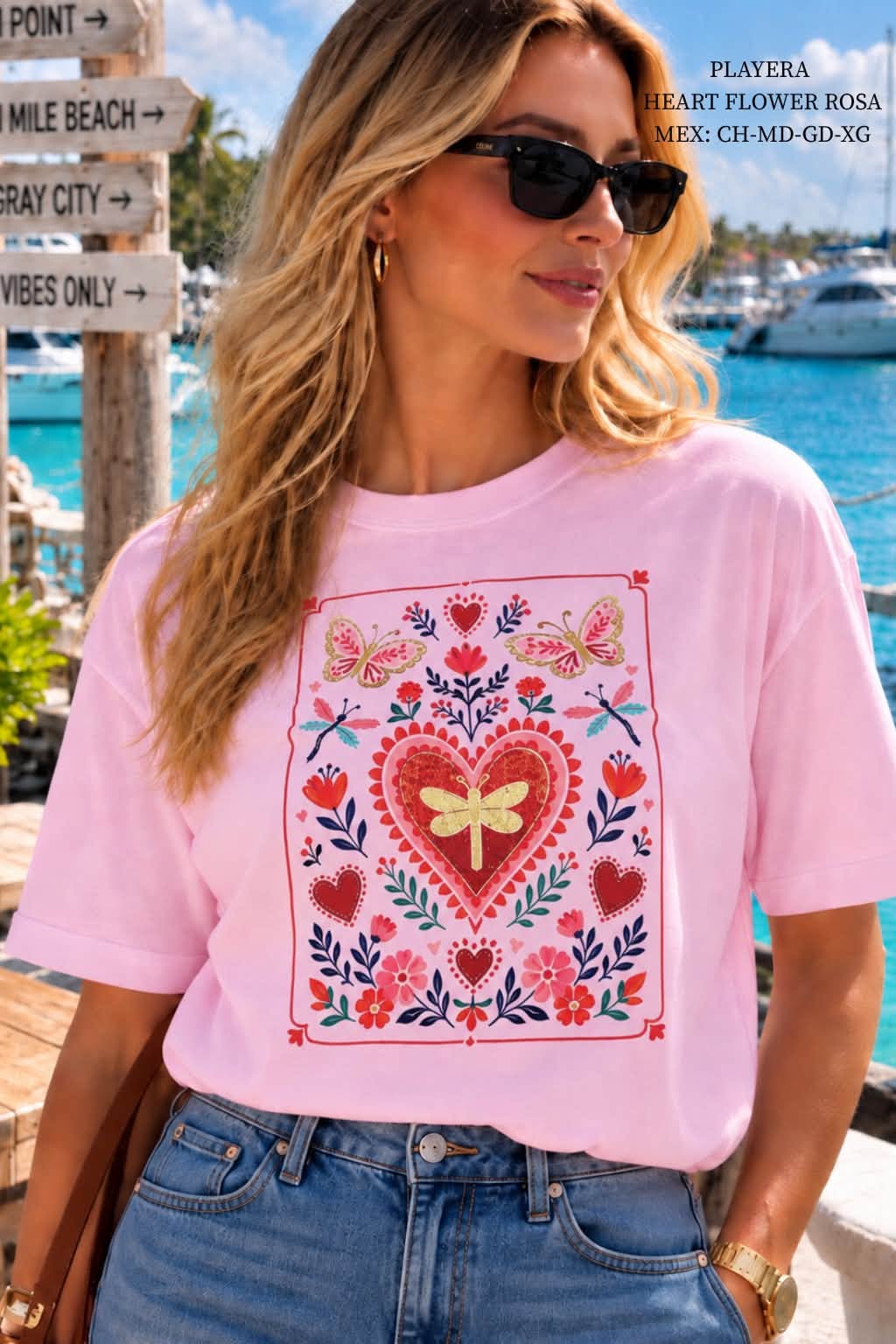 PLAYERA HEART FLOWER ROSA