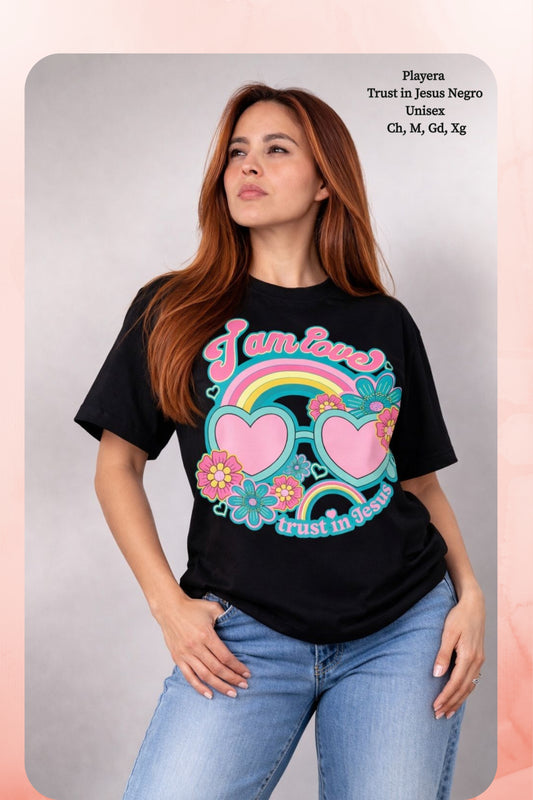 PLAYERA TRUST IN JESUS NEGRO DAMA
